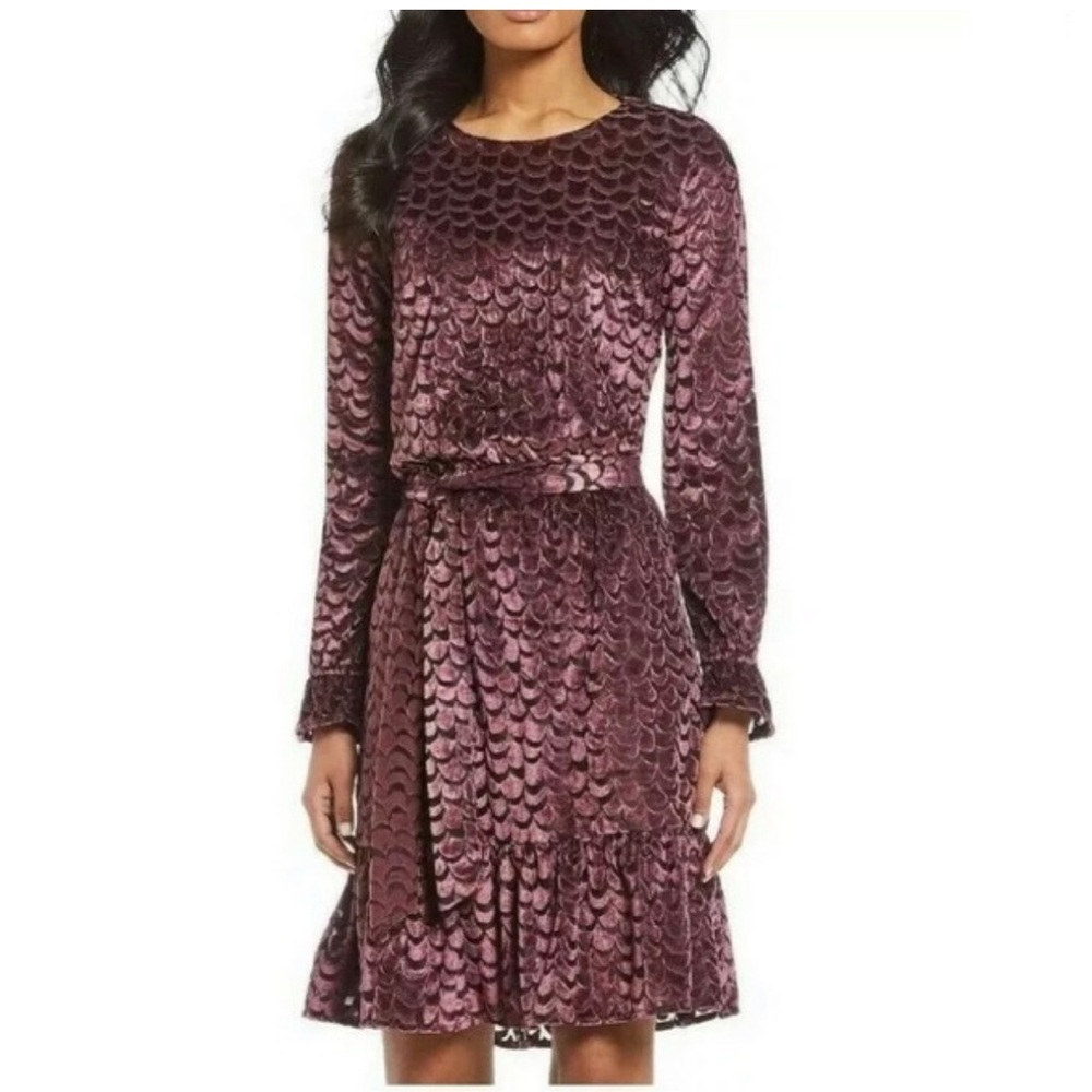 Michael Kors purple velvet dress medium long sleeve ruffle tie jacquard